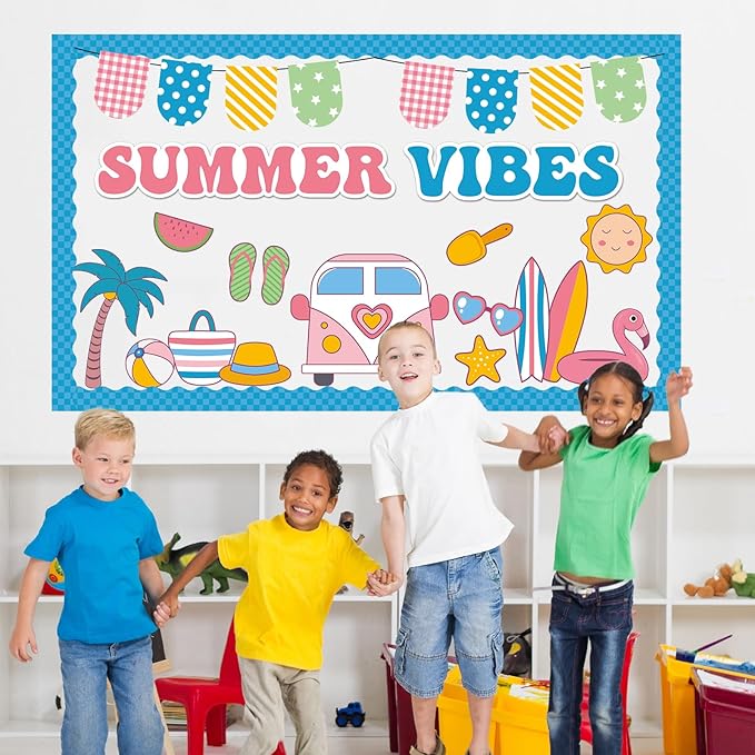 Hello Summer Bulletin Board Set Beach Theme Classroom Bulletin Board Decorations Surfing Tropical Palm Cutouts for Back to School Bus Teacher Supplies Nursery Home Chalkboard Wall Door Decor