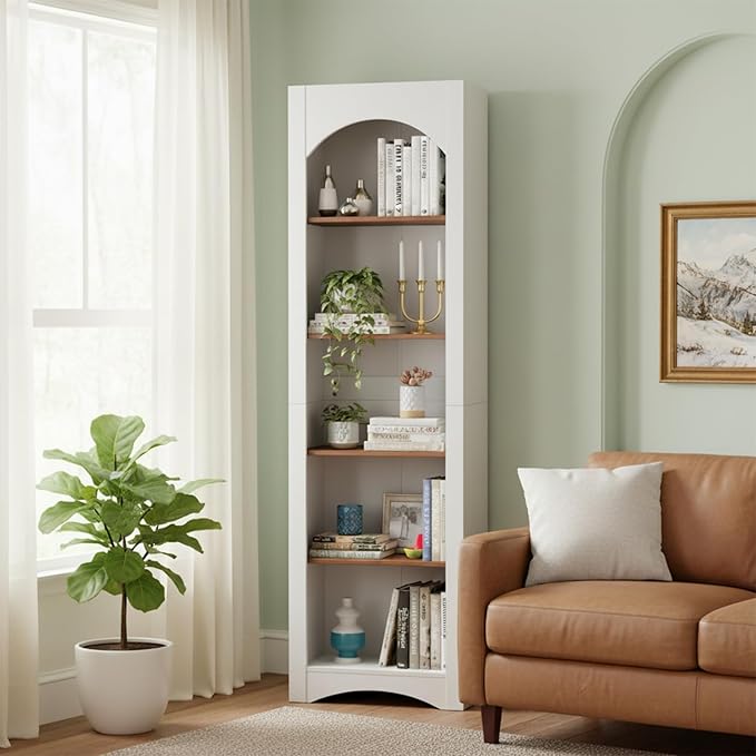 71.6" Tall Farmhouse Bookshelf, 5-Tier Narrow Bookcase & Storage Cabinet, Freestanding Kitchen Pantry Organizer with Adjustable Shelves for Living Room, Home Office, White