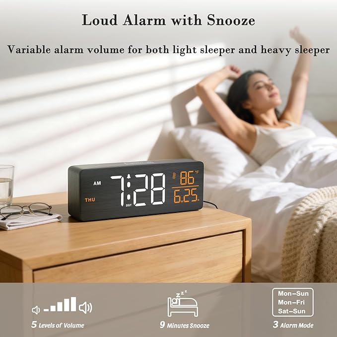 DreamSky Wooden Digital Alarm Clocks for Bedrooms – Large Display Desk Clock with Date & Day of Week for Living Room, Temperature, Dimmer, Adjustable Volume, Auto DST, Office Wood Décor (Plug-in)