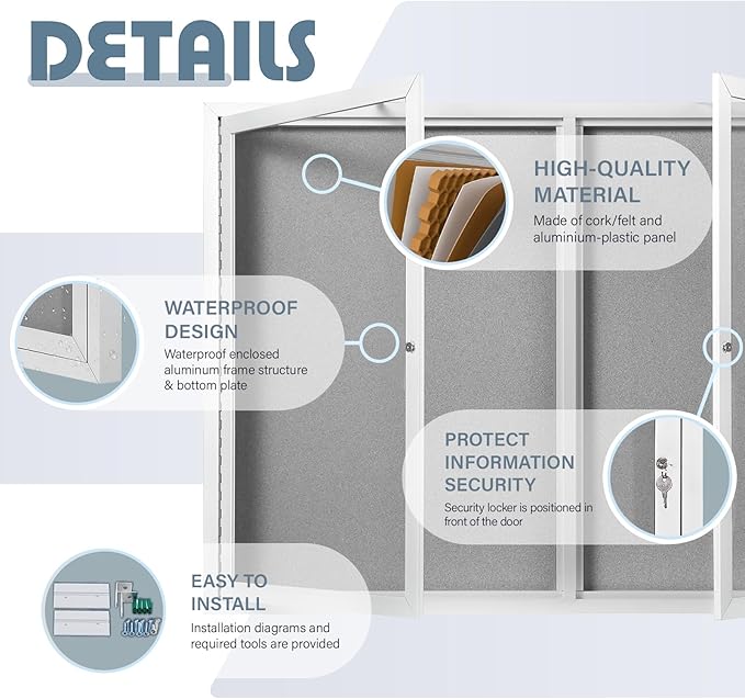 Outdoor Bulletin Board Weatherproof 48x34 in,Enclosed Bulletin Board with Locking Door, Wall Display Case for Office School Home Commercial, Silver Aluminum Frame, Gery Felt