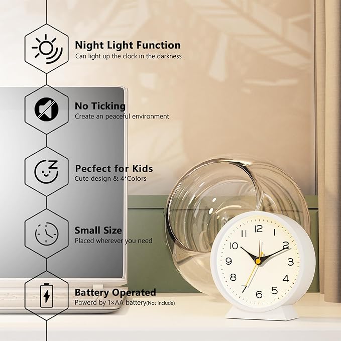 AYRELY® 4.5" Analog Alarm Clock,Small Retro Desk Clock Battery Operated,Slient Metal Table Clock with Light for Living Room Decor,Bedroom,Bedside,Shelf (White)