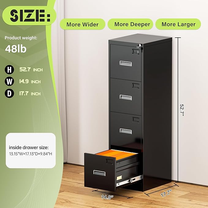 Incbruce 4 Drawer File Cabinet, Metal File Storage Cabinet with Lock, Vertical Filing Cabinet with Adjustable Hanging Frame for Home Office, Easy Assemble (Black)