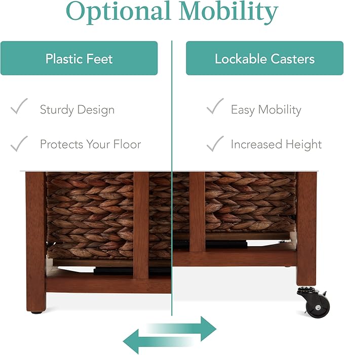 Best Choice Products Vertical Rolling File Cabinet, Multipurpose Portable Water Hyacinth Basket Organizer for Home Office, Workspace w/Rubberwood Frame, Metal Sliders, Locking Caster Wheels - Mocha