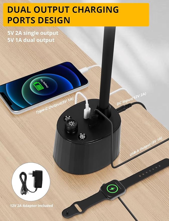 Desk Lamp, Dual Head, Smart USB A+C Charging Port, 5 Color Modes Dimmable, 2600 Lumens 12W Wide-Angle Lighting Table Lamp, 49cm Height for Bedside Reading, Office, Study, Crafts, Draw