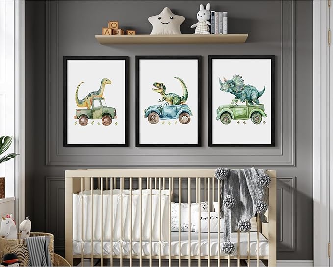 Dinosaur Nursery Wall Art Kids Canvas Poster Baby Boy Nursery Wall Decor Green Dino Pictures Toddler Prints Cartoon Dino Car Painting Boys Room Artwork for Bedroom Bathroom 16x24x3 Inch Wood Framed