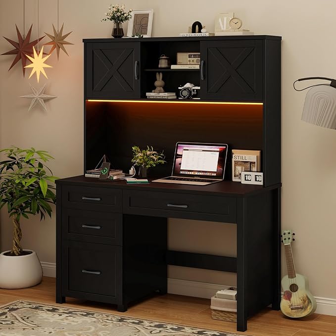 Farmhouse 67" H Executive Desk with Hutch,Computer Desk with 4 Drawers and LED light, Office table with Storage Cabinet & File Drawers and Charging Station,Workstation for Home Office and Study, Black