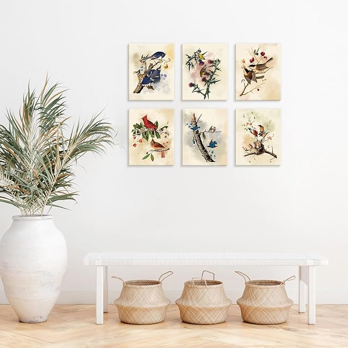 CHDITB Vintage Bird Framed Canvas Wall Art, Spring Birds Illustration, Nature Wildlife Wall Decor, Botanical Bird Poster, Retro Watercolor Art Prints For Living Room Bedroom Kitchen Decor 8”X10”x6