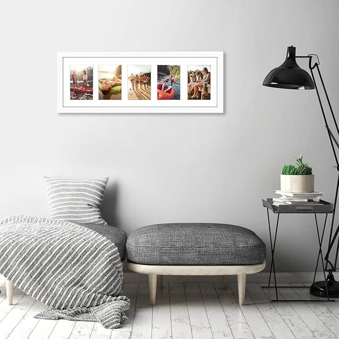 Americanflat 4x6 Collage Picture Frame with Shatter-Resistant Glass - Fits Five 4x6 Photos or Use as One 8x24 Picture Frame - Signature Collection - Collage Frames for Wall Display - White