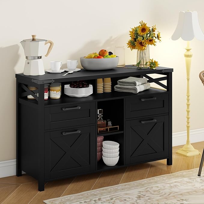 Farmhouse Filing Cabinet with Adjustable Shelf for Home Office, Lateral File Cabinets 4 Drawers with Open Storage Shelf, Filing Organization Storage Cabinets for Hanging Files Letter/A4.Pure Black