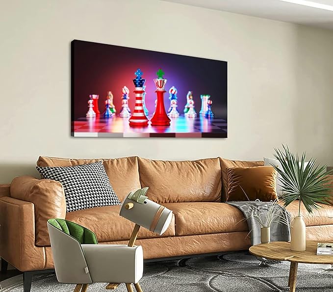 Canvas Wall Art for Living Room Bedroom American And Iranian Flag chess king a chessboard Big Large Wall Art Decor Framed Painting Wall Pictures Prints Artwork Office