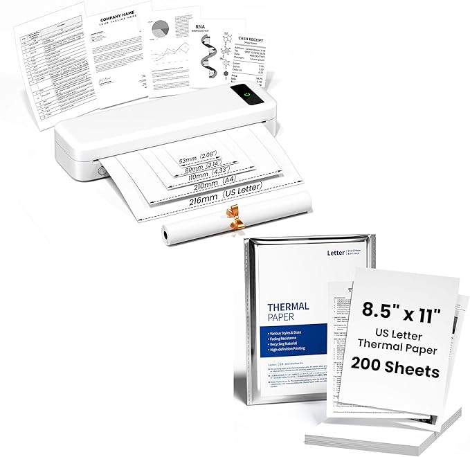TATTMUSE Bluetooth Inkless Thermal Printer White & 200 Sheets 8.5" x 11" US Letter Thermal Paper, Compatible with iPhone Android Laptop for Home Car Office