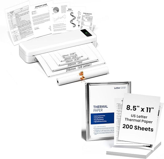 TATTMUSE Bluetooth Inkless Thermal Printer White & 200 Sheets 8.5" x 11" US Letter Thermal Paper, Compatible with iPhone Android Laptop for Home Car Office