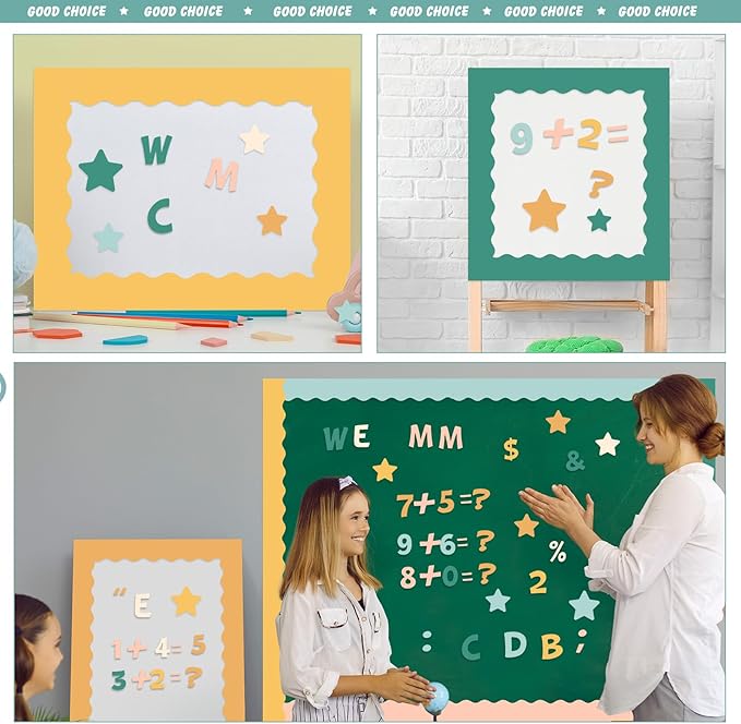 Containlol 188 Pcs Bulletin Board Borders Letters Stars Cutouts Set Include 59ft Poster Board Trims, Alphabet Letter Star Number Punctuation for Classroom(Modern Boho Color)