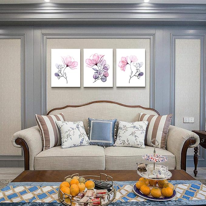 Modern pink flowers Canvas Wall Art for bedroom Living Room,Bathroom Wall Decor,3 Panels Wall Painting Home Decoration kitchen Canvas Print Abstract watercolor flowers and leaves artwork wall mural