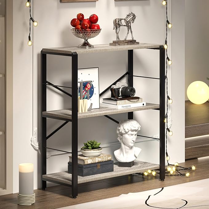 FOLUBAN Small Bookshelf and Bookcase, 3 Tier Low Short Book Shelves, Rustic Wood and Metal Shelving Unit for Small Spaces, Bedroom Living Room, Light Grey