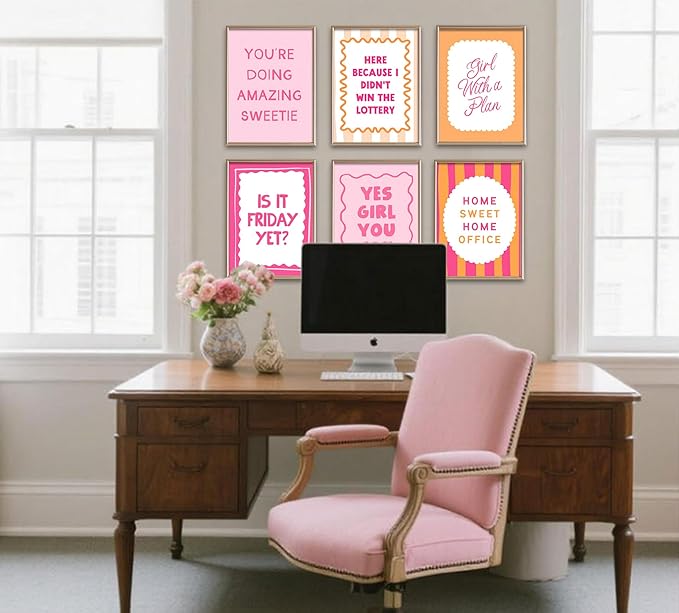 6Pcs Pink Inspirational Wall Art Contemporary Home Workspace Wall Decor Pictures Yes, you can Motivational Quotes Phrases Poster Prints for Bedroom Apartment Home Decoration 12x16inch unframed