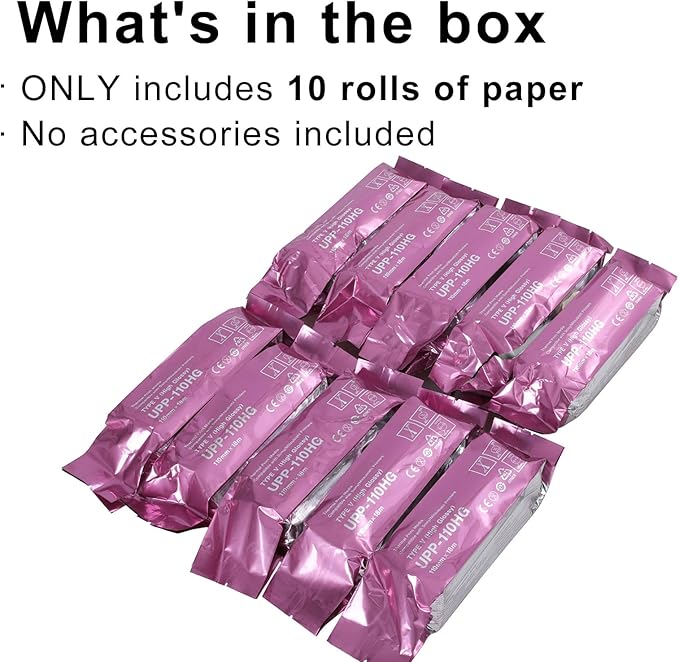 UPP-110HG Ultrasound Thermal Paper, High Gloss 110 Film for Sony/Mitsubishi Printers, Fetal Monitor Paper Roll (110mmx18m, 10 Rolls/Box)