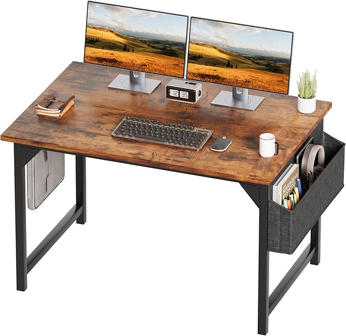 Shahoo 40 Inch Computer Desk, Wood Modern Simple PC Home Office Table for Small Spaces with Storage Bag and Headphone Hook for Home, Office, Study, Writing, Rustic Brown