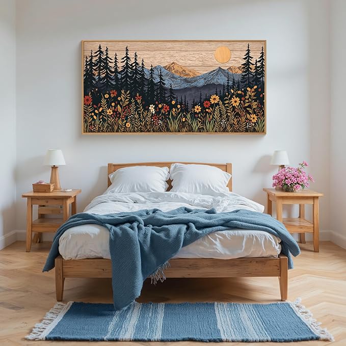 Houria Mid Century Woodland Mountain Framed Canvas Wall Art Set,Vintage Natural Sunset Wildflower Forest Field Decor,Wilderness Boho Floral Pine Tree Landscape Artwork for Living Room,Office-20"x40"x1