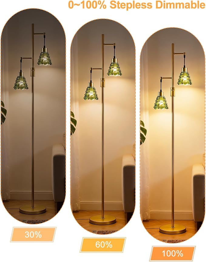 Lightdot 65IN Glass Floor Lamp for Living Room, 2- Light Gold Floor Lamps with Green Glass Shade& 3000K Warm White Bulbs, Modern Standing Tall Lamp for Bedroom/Corner Beside/Home Decor