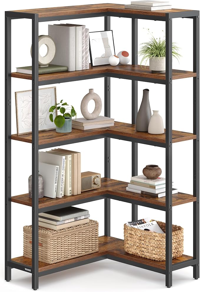 VASAGLE 5 Tier Bookshelf with Metal Frame, Convertible Industrial Corner Shelf, 9.4 x 40.2 x 55.9 Inches, for Living Room, Bedroom, Home Office, Rustic Brown and Ink Black ULLS605KD01
