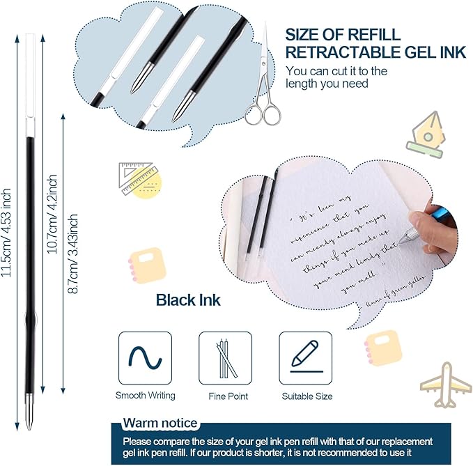 Dianelhall 24 Pieces Gel Ink Refill Fits Retractable Pens Refill Replacement, Medium Tip Point 0.7 mm, Black Ink, 115 mm Long(Black)