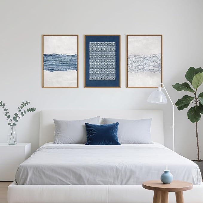 Large Abstract Navy Blue and White Framed Canvas Wall Art Set,Modern Neutral Geometric Waves Lines Dots Wall Decor,Mid Century Minimalist Boho Artwork for Living Room,Bedroom,Office- 16"x24"x3