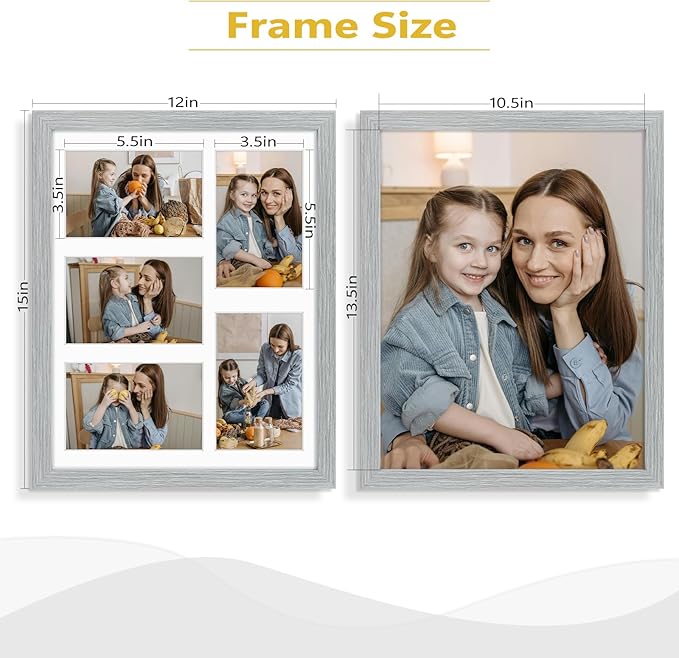 Golden State Art, 11x14 Grey Wooden Frame with White Mat - Displays Five 4x6 Photos - Real Glass, Sawtooth Hangers, Flexible Metal Tabs - Wall Mounting, Landscape, Portrait