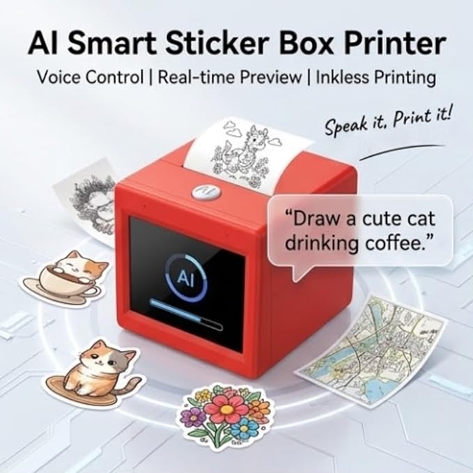 Sticker Box Printer - AI Sticker Printer with Voice Control & Screen, Portable Mini Thermal Printer Inkless Sticker Maker Machine for DIY Journaling Study Notes for Home, Office Study DIY