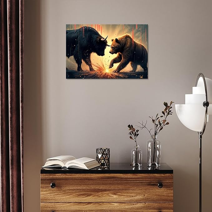 Trendy Bull And Bear Confrontation Wall Art Funny Bull And Bear Stock Market Canvas Posters Funny Animal Prints Painting For Office Living Room Wall Decor 16x24in Framed