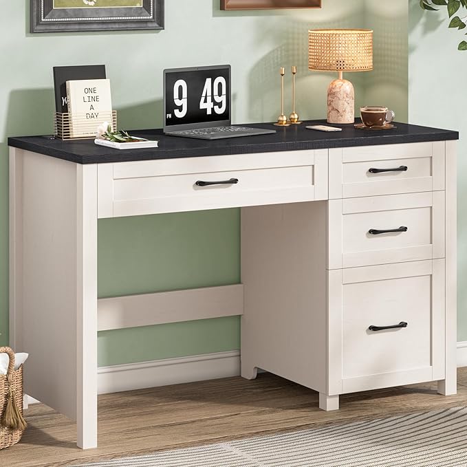 Vabches Farmhouse 47" Executive Desk with 4 Drawers, Computer Desk with File Drawer and Charging Station, Workstation for Home Office, Study.（Black）