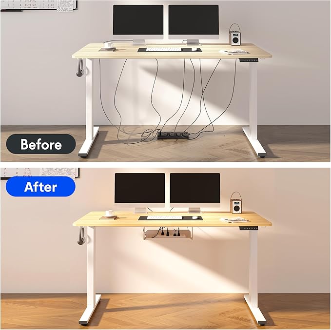 FLEXISPOT EN2 Whole-Piece Standing Desk with Clamp Power Strip, 48 x 24 Electric Height Adjustable Desk with Cable Management for Workstation (White Frame + 48" Maple Top)