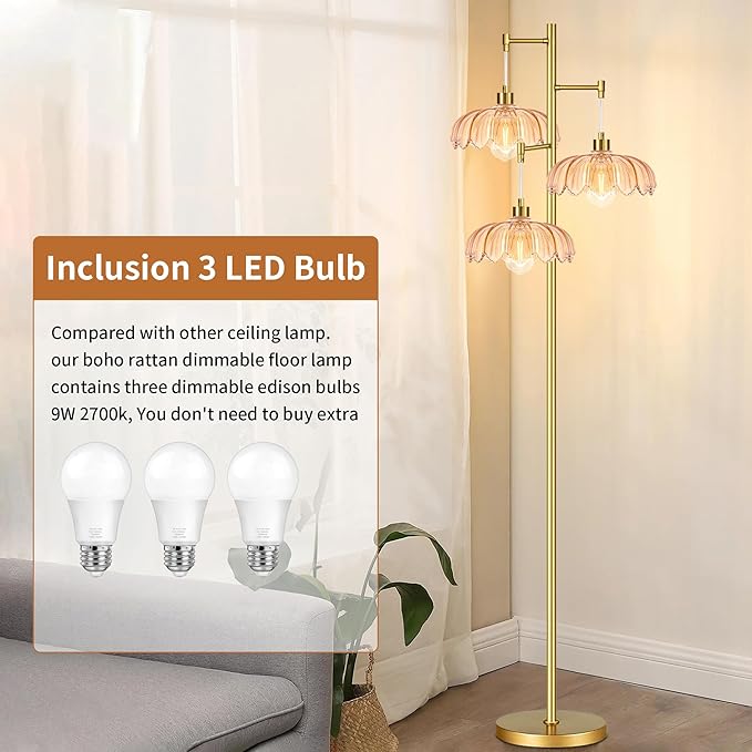 Floor Lamp for Living Room,Bedroom,Gold Mid Century Modern Standing Lamp Brass Tree 3 Light Tall Floor Lamps Vintage Retro Floor Lights Glass Flower Lamp Shade Farmhouse Boho Bohemian
