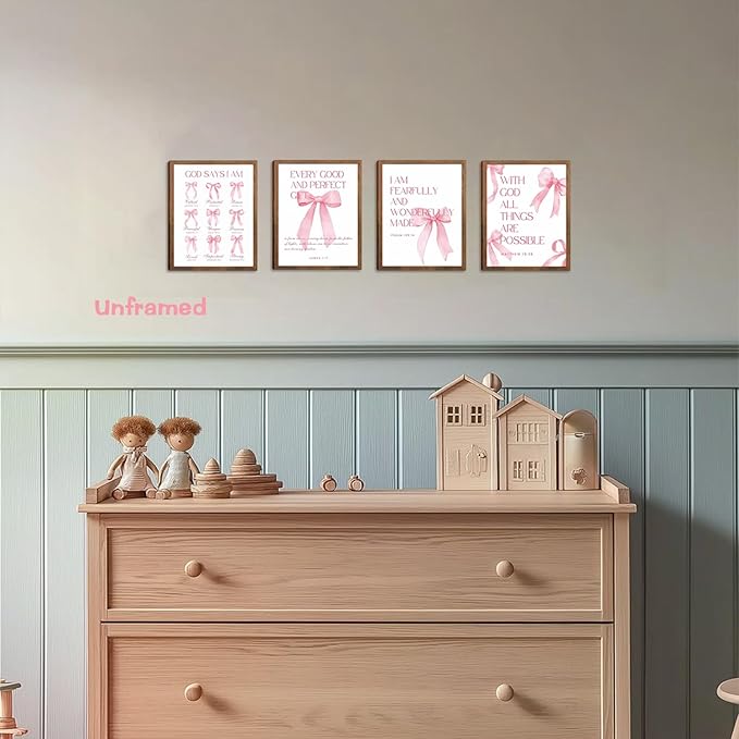 Pink Bows Bible Verse Christian Canvas Wall Art Set of 9, Trendy Posters Prints Wall Decor, Cute Coquette Preppy Girls Aesthetic Room Decor Gifts for Bedroom Living Room Home Decor 8x10inch Unframed