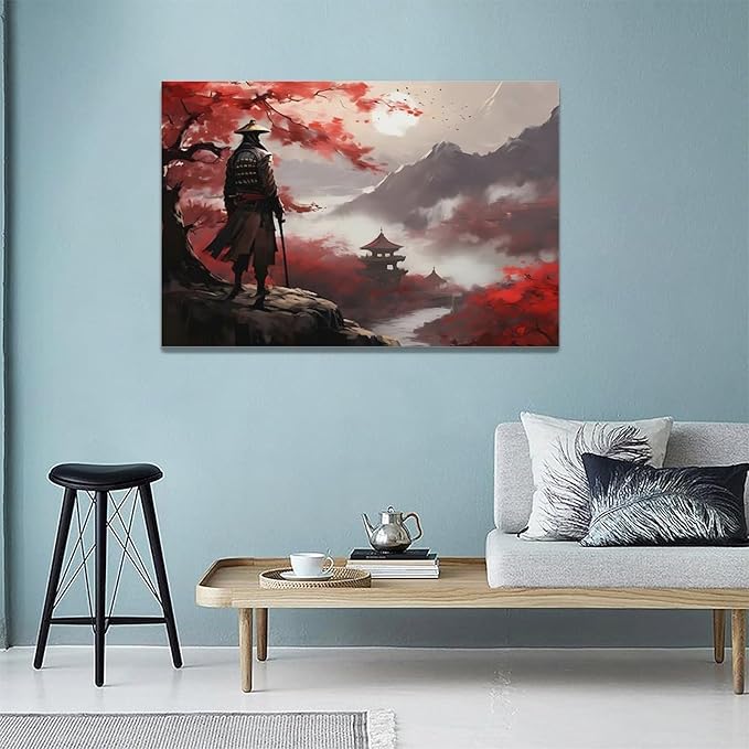 yerretin Japanese Bushido Wall Art Samurai Pictures Wall Decor Ancient Japan Warrior Canvas Landscape Painting Home Decoration Artwork for Bathroom Bedroom Living Room Office Framed 24"x16"