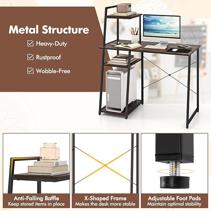 Giantex Computer Desk with Shelves, 47.5” Home Office Desk with Bookshelf, Host Stand, Metal Frame, PC Laptop Workstation, Modern Study Writing Desk for Bedroom, Small Space (Rustic Brown & Black)