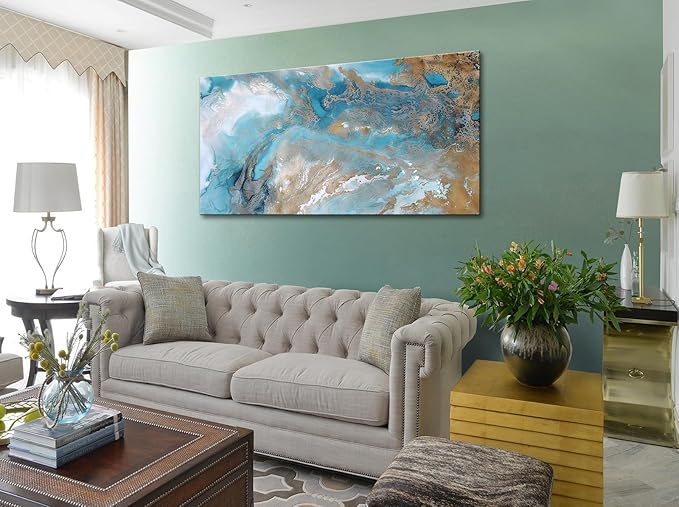 Blue Abstract Canvas Wall Art for Living Room, Navy and Gold Fluid Marble Picture Prints, Modern Painting Artwork for Bedroom, Bathroom, Office, Home Decor 20x40 Inch