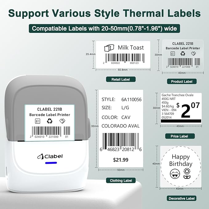 CLABEL Thermal Label Maker Machine 221B Mini Portable Label Printer Thermal Labeling Printing Machine Sticker Bluetooth Label Printer Barcode Inkless Labelmaker for Price Logo Clothing (Gray White)