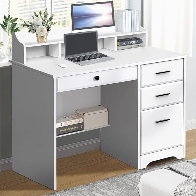Catrimown Computer Desk with 4 Drawers and Hutch, Home Office White Writing Desk with File Drawer and Shelves for Small Spaces, Small Desk Study Table for Bedroom