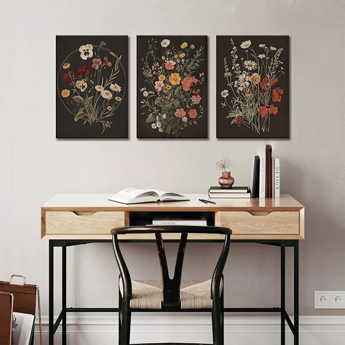 TUEASKY 3 Piece Canvas Wall Art Wildflower Wall Decor Botanical Pictures Floral Paintings Moody Framed Art Vintage Prints Dark Artwork