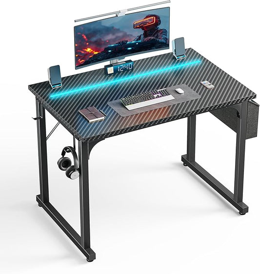 32 Inch Computer Desk with LED Lights for Small Spaces, Office Desk for Home Office, Study Desk Writing Table with Storage Bag, Headphone Hook, Black