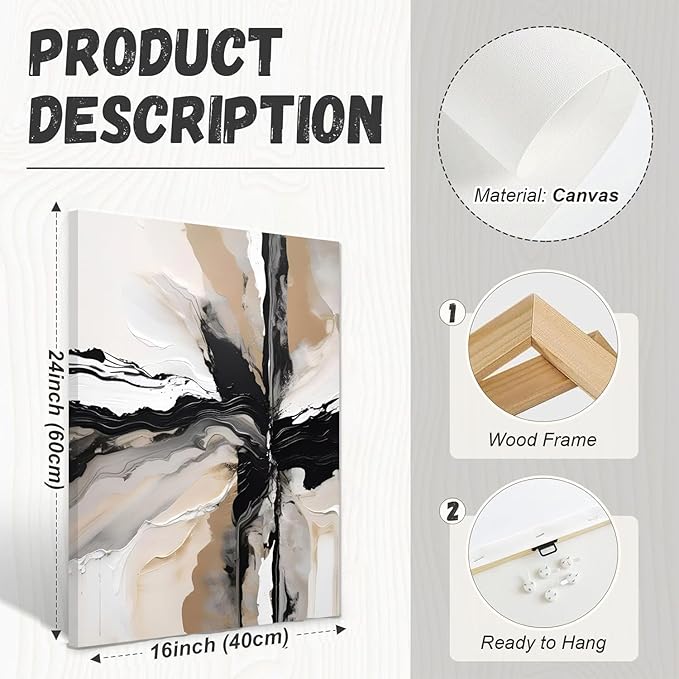 LYPHNX Framed Black and Brown Abstract Geometric Canvas Wall Art Modern Grey White Beige Print Poster Set of 3 Painting Terracotta Brush Strokes Picture Home Decor for Bathroom Bedroom Office 16"x24"