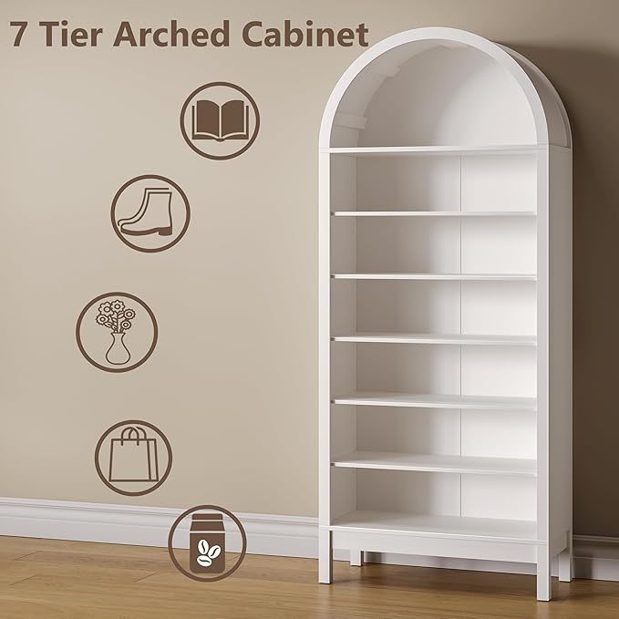 Tall Arched Bookshelf, 7-Tier Bookcase with 3 Adjustable Shelves, Modern Farmhouse Storage Shelf for Living Room, Entryway, Office, 29.5" W x 70.1" H x 13.8" D, White