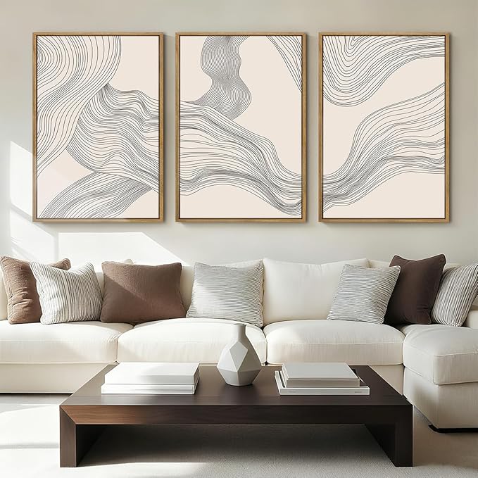 Large Beige Abstract Wall Art Framed Neutral Modern Canvas Wall Decor Minimalist Line Wave Painting 24x36 Inch Pictures Set of 3 for Living Room Bedroom Dining Room