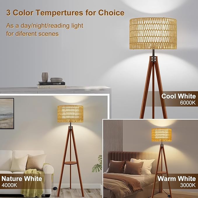 Vinaco Boho Tripod Floor Lamp with Shelf, Double Lampshades Mid-Century Standing Lamps, 3 Color Temperatures Wicker Floor Lamp, Foot Switch Rattan Tall Lamps for Bedroom, Living Room, Office