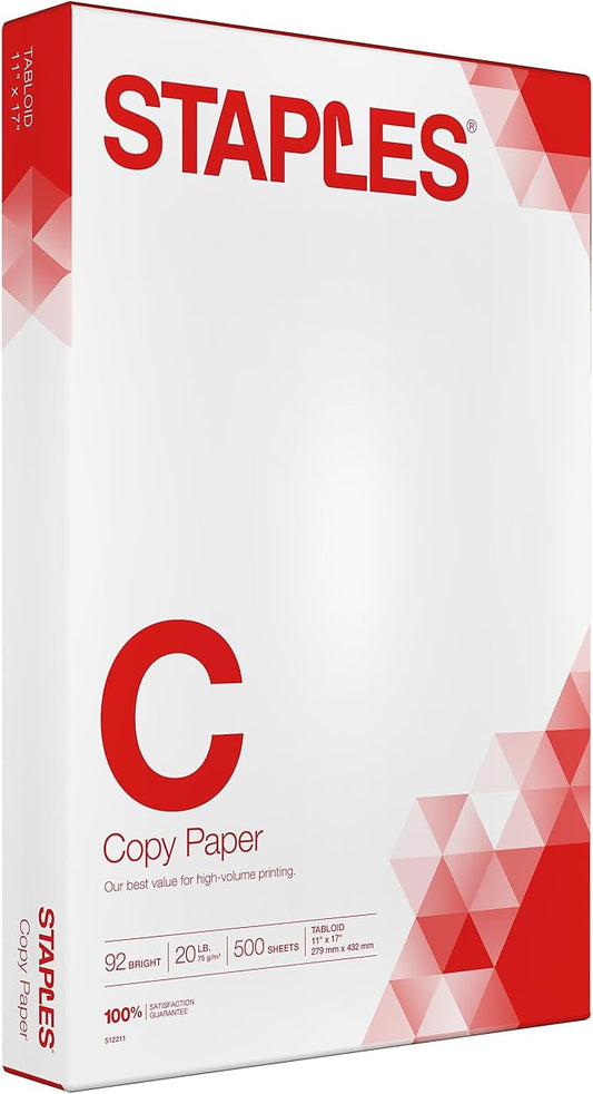 Staples 11-Inch X 17-Inch Copy Paper 20 Lbs 92 Brightness 500/Ream, For Office, School & Home