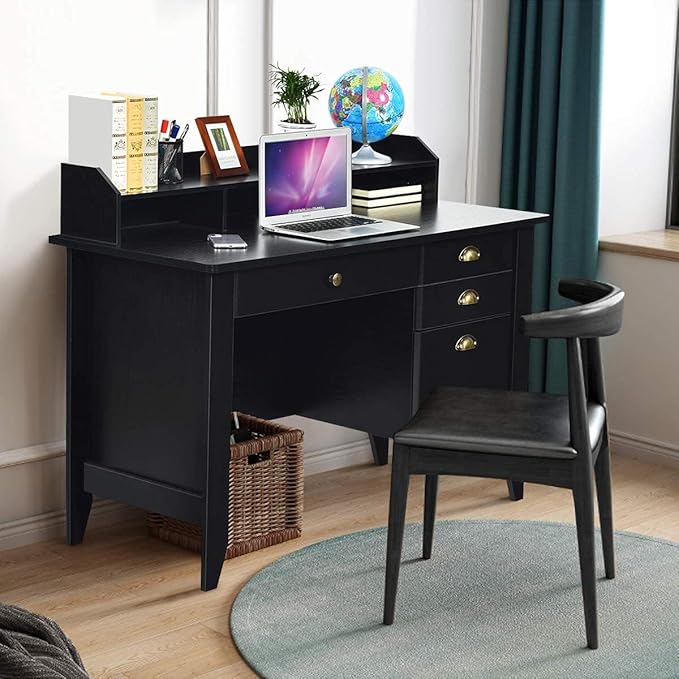 Catrimown Computer Desk with Drawers and Hutch, Vintage Wood Home Office Desk Writing Study Teens Student Desk PC Laptop Table, for Small Spaces, Black