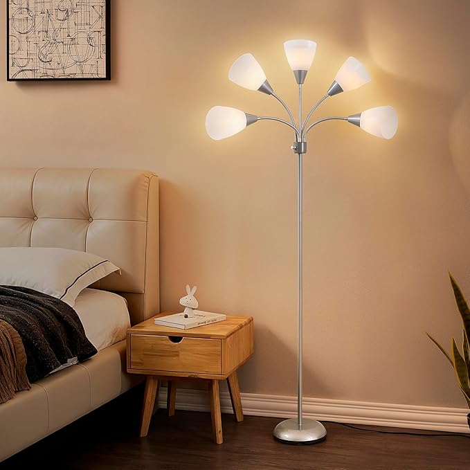 Medusa Modern Decor Floor Lamp, Multi Head Adjustable Gooseneck Bright Light Lamp for Reading, White Shades Tall Standing Tree Floor Lamp for Living Room Bedroom Office Kids Classroom, Silver