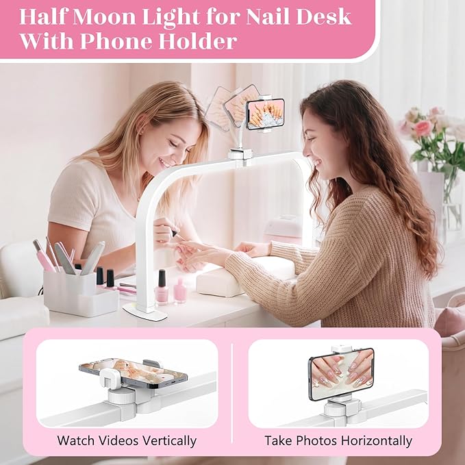 LIONVISON Half Moon Light for Nail Desk: 29" Larger Arch Nail Light for Nail Tech - Foldable Half Moon Nails Desk Lamp with Phone Holder for Home Salon - 3 Color Modes & 10 Brightness for Beginner