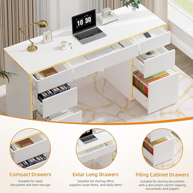 White Computer Desk with Drawers, 58 Inch Home Office Desk with 7 Drawers for Bedroom, Executive Desk with File Drawers for Small Spaces, White and Gold